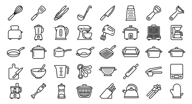 Set of kitchen appliance icons featuring cooking tools and culinary equipment