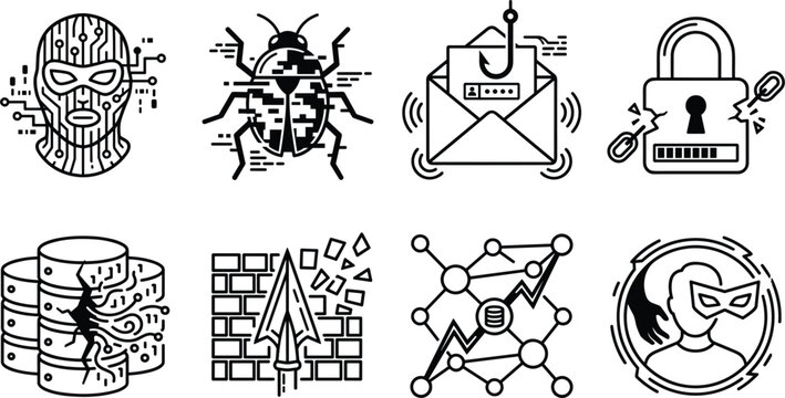 Cyber security hacker threat and database breach line icon set featuring phishing email system bug broken lock and firewall vulnerability symbols