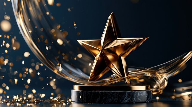 Golden star award trophy with flowing liquid gold elements