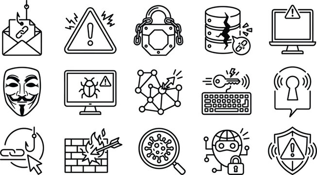 Cyber security malware vulnerability and hacker attack line icon set featuring phishing emails computer viruses database breaches and broken firewalls