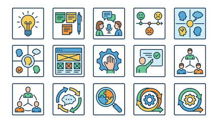 Fototapeta premium Industrial Style Showing 15 Key UX UI Research and Design Process Icons with Bright Colors Simple Line Art