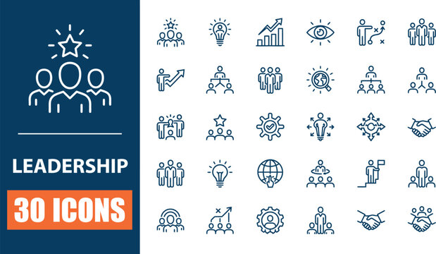 A collection of 30 detailed line icons representing various aspects of leadership, teamwork, success, growth, and organizational concepts on a blue and white background.