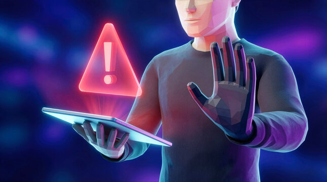 Low poly man holding tablet with glowing red cybersecurity warning icon