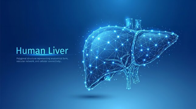 Digital representation of a human liver, a vital organ, depicted with glowing dots and connecting lines on a blue background, illustrating medical technology and anatomical science