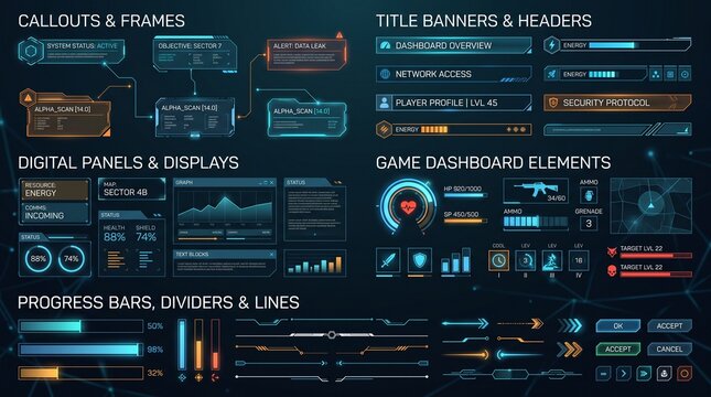 Futuristic UI interface elements. Sci-Fi frames and callouts titles. Digital technology bar, banner, panels, divider, box, high tech lines. Game graphic dashboards. Vector set 