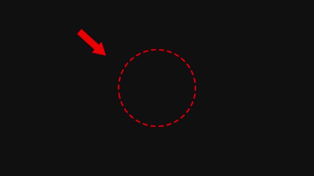 Animated highlight arrow pointing to dash red circle rotate on black background.