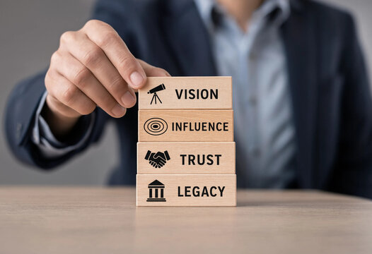 Businessman holding wooden blocks with vision influence trust legacy concepts  business strategy transparent background