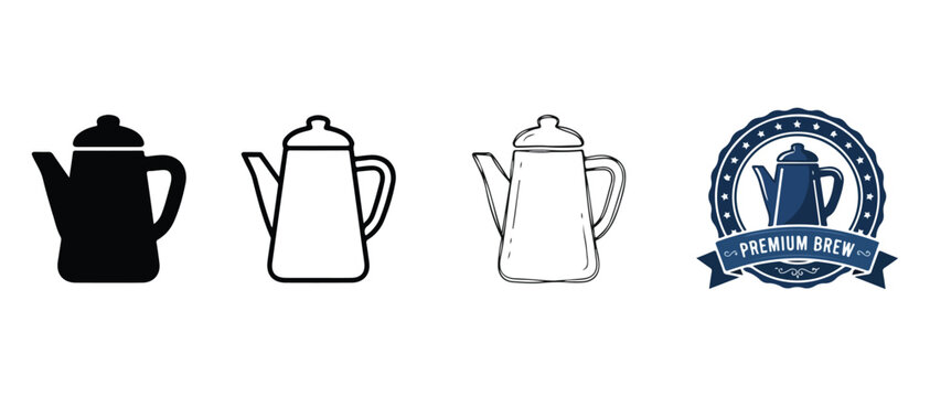 coffee pot icons and a premium brew logo on white background
