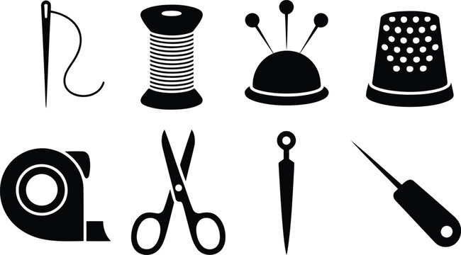 Set of black sewing and tailoring icons including needle thread scissors and thimble