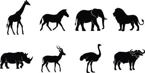 Fototapeta premium Black Silhouette Icon Set of African Wildlife Including Giraffe, Zebra, Elephant, Lion, Rhino, and More