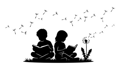 Children reading books on grass black silhouette vector with floating dandelion seeds for education childhood and nature concepts isolated on white