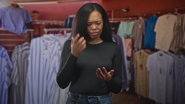 Woman looks at her open palms in a clothing store building while wearing long sleeves and jeans; puzzlement choice.