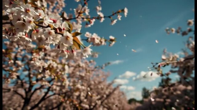Cherry Blossom Trees in Full Bloom, Pink Petals Falling in Spring Breeze