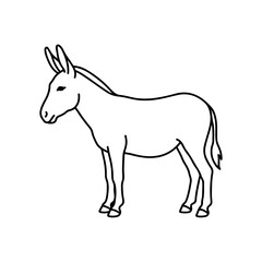 Fototapeta premium Simple black and white line of a standing donkey, side profile view, isolated on a white background, minimalist animal