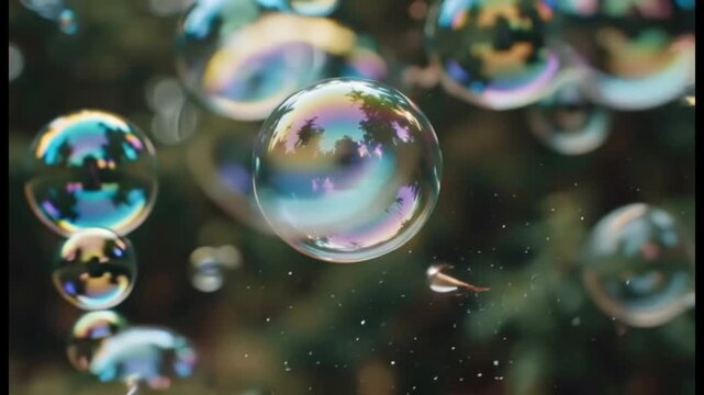 Rainbow Soap Bubbles Floating in Air with Greenery Background, Macro Shot