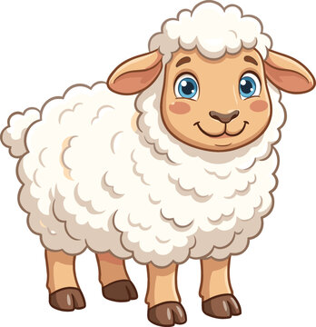 Cute Cartoon Fluffy Sheep Character Standing Alone on White Background Vector Illustration for Children Story Books Easter and Farm Animals Theme Designs