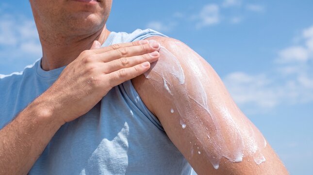 Man applying sunscreen lotion to shoulder outdoors for UV protection during a bright sunny summer day, close up of skin care and sunblock application.