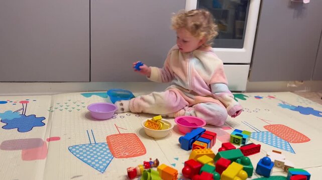 Toddler girl in pajamas playing with colorful building blocks on a patterned play mat. Child learning to stack toy bricks in an indoor room, development concept.
