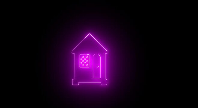 Glowing purple neon house icon on black background a simplified or home outline graphic illuminated with a bright light effect against