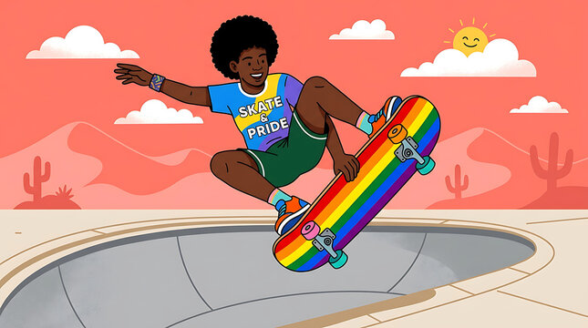 Energetic Pride Skateboarder Performing Trick Vector Illustration