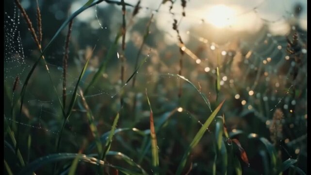 Sunrise Dew Drops on Spider Webs and Grass Blades