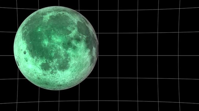 Green moon with craters on a black background with grid lines planet sphere animation