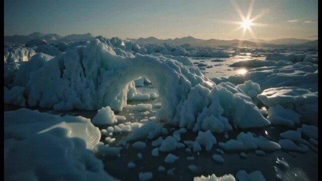 Arctic Iceberg Arch in Golden Sunrise Light, Cold Arctic Landscape