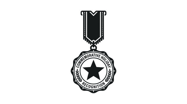 An illustration of a commemorative medal with a star and ribbon hangs freely.