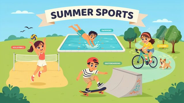 Cute flat character illustration of people enjoying various summer sports &mdash; volleyball, swimming, cy