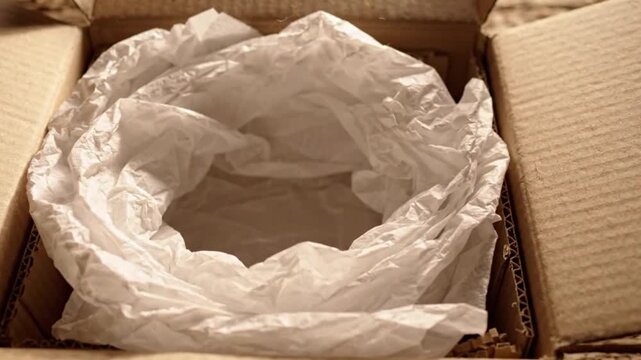 Open cardboard shipping box with crumpled white tissue paper inside
