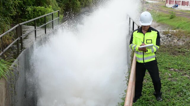 Professional male environmental engineer wearing a hard hat inspecting rushing water at a dam spillway while taking notes on a clipboard for public infrastructure safety and flood control.