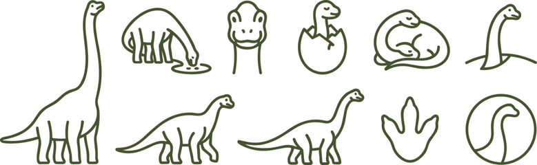Dinosaur Line Art Icon Set with Sauropods, Hatching Baby Reptile, Footprint, Fossil Egg, and Prehistoric Animal Outline Collection © MstSuborna