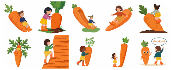 Obraz premium Set of cute little girls interacting and playing with giant carrots cartoon illustrations for children education and healthy lifestyle concepts.