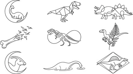 Prehistoric Dinosaur Line Art Icon Set with Low Poly Tyrannosaurus, Fossil Skeleton, Stegosaurus, Triceratops, Marine Reptile, and Ancient Outline Collection © MstSuborna