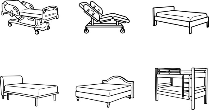 Various bed types arranged in a grid with simple line art illustration and a neutral concept