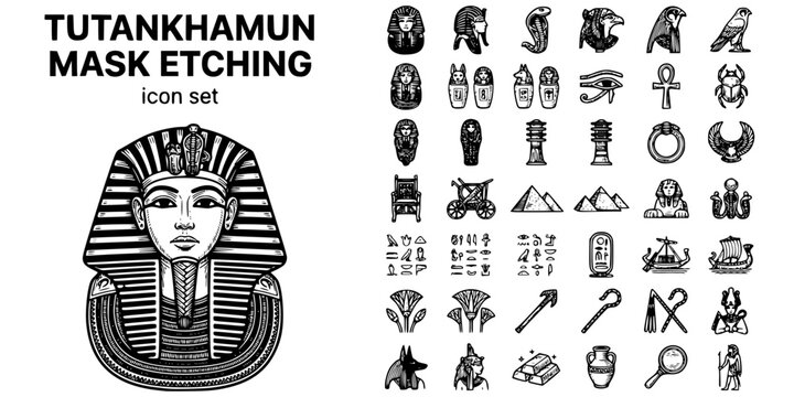 Tutankhamun Mask Etching Black White-Lapis Cobra Uraeus Vulture Headdress-Royal Vector-Tut Icon Etching-Ancient Egypt Design Set