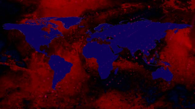 World map with glowing red and blue abstract background and pink dots Keywords: world map, global, animation
