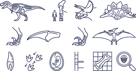Dinosaur Research Line Art Icon Set with Skeleton, Fossil Footprints, Pterosaur, Triceratops, Excavation Tools, and Paleontology Outline Collection © MstSuborna