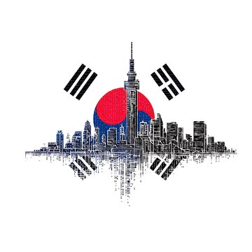 Stylized skyline of a South Korean city with the national flag's Taegeuk symbol and trigrams incorporated behind and reflected below.