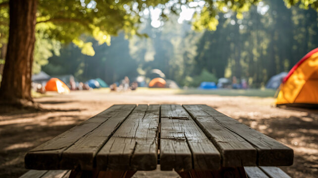 Empty wooden picnic table with a blurred forest campsite and tents in the background