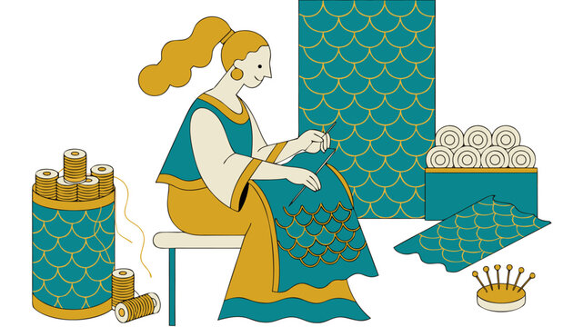 Artisan working on a decorative fish-scale patterned textile project in a studio.eps