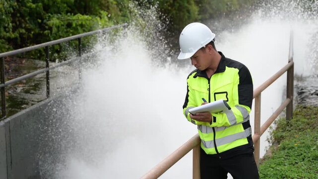 Professional male environmental engineer wearing a hard hat inspecting rushing water at a dam spillway while taking notes on a clipboard for public infrastructure safety and flood control.