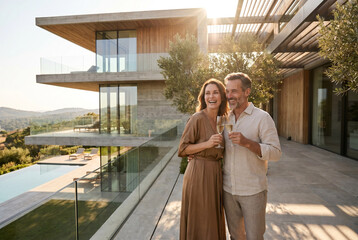 Fototapeta premium Happy couple enjoying champagne on a luxurious modern home terrace with stunning natural views at sunset