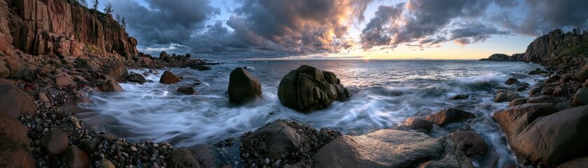 Fototapeta premium Ultra-wide seascape with long-exposure waves at rocky shoreline