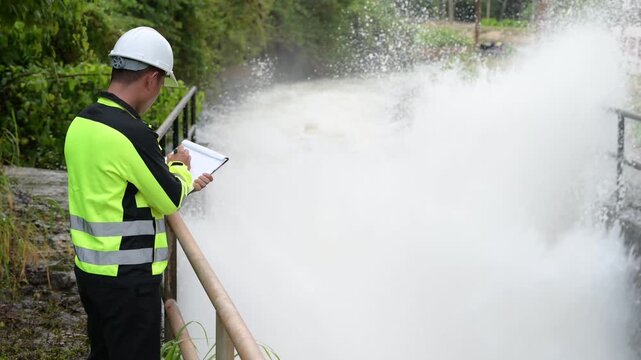Professional male environmental engineer wearing a hard hat inspecting rushing water at a dam spillway while taking notes on a clipboard for public infrastructure safety and flood control.