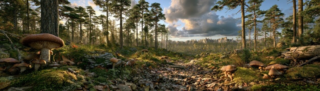 Panoramic view of a forest clearing with mushrooms and moss