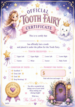 Adorable official Tooth Fairy certificate template with cute fairy, magic stars, smiling tooth, and whimsical door. Perfect for celebrating children's lost teeth and rewarding good dental care.