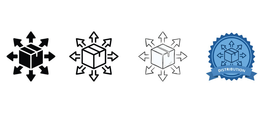 Icons of boxes with arrows pointing in multiple directions and a distribution seal