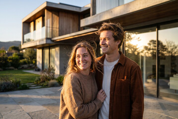 Fototapeta premium Happy young couple smiling brightly together in front of their beautiful modern house at sunset