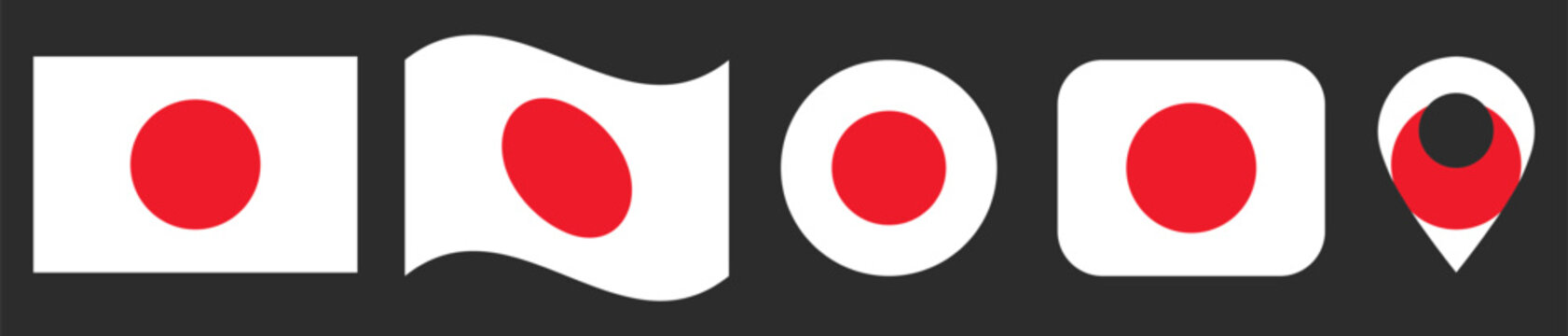 Japan Flag Icon Set Vector Illustration &ndash; Waving Flag, Circle, Rounded Square and Location Pin Collection